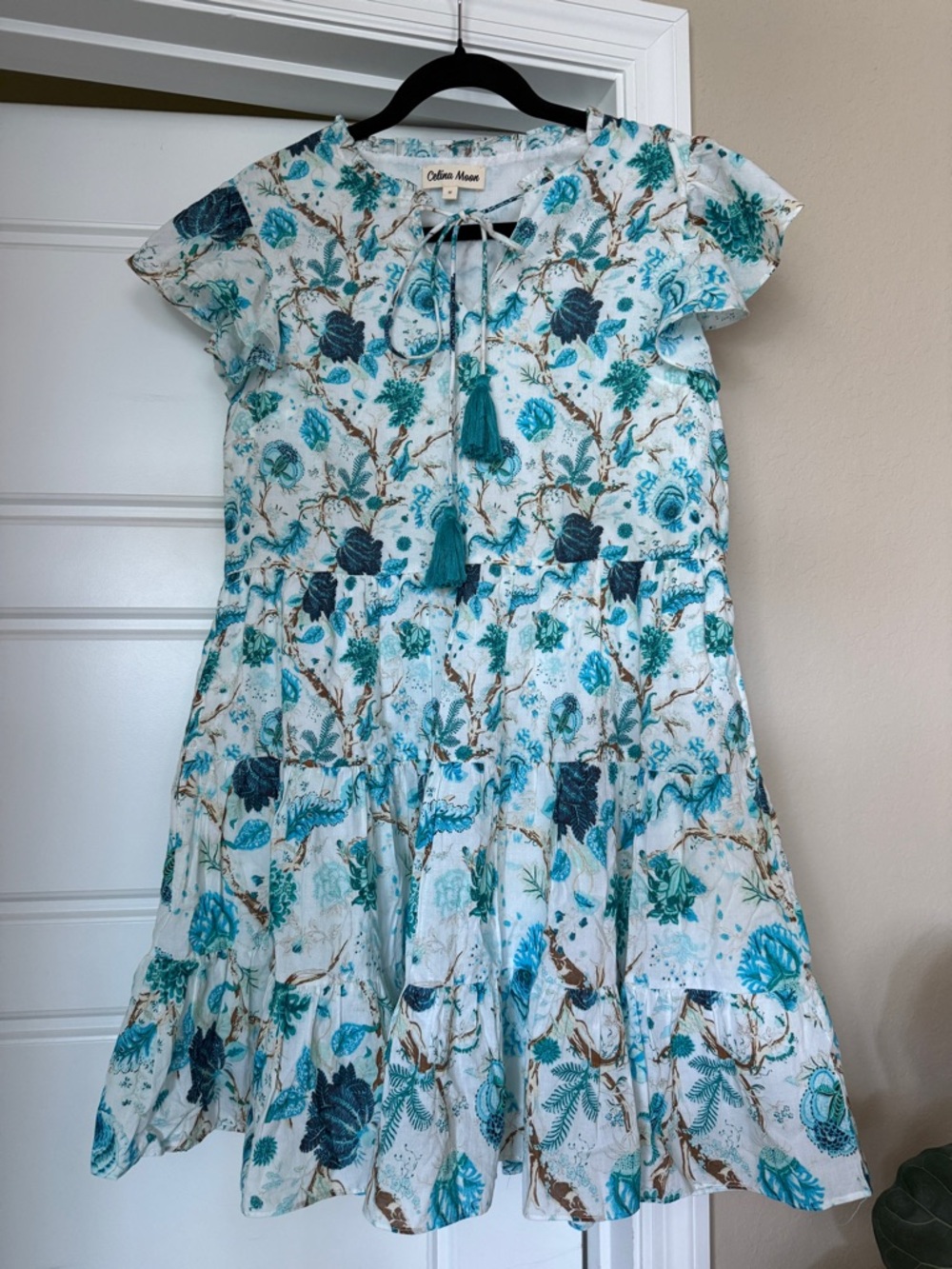 CELINA MOON White Floral Ruffle Sleeve Mini Dress with Teal & Navy Accents